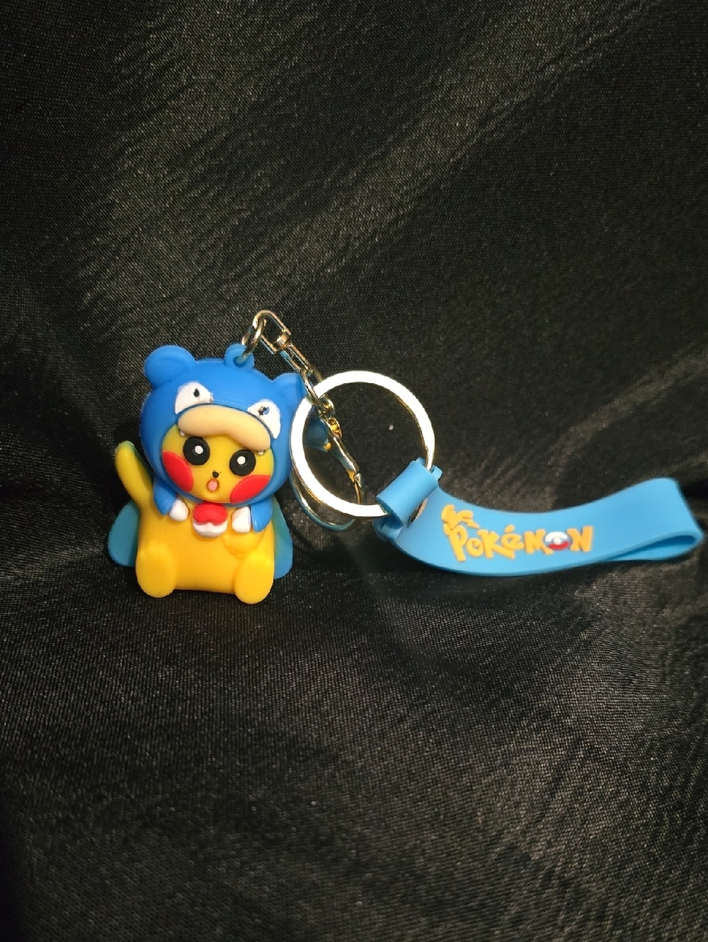 Pikachu Pokémon Keychain with Blue Hood and Wrist Strap